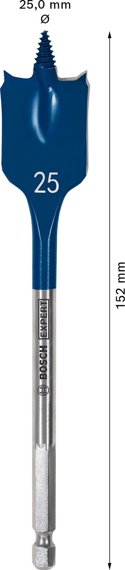 Borrverktyg i metall med blått huvud märkt "25", 152 mm lång.