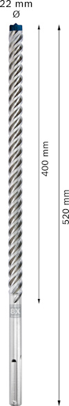 Borr med spiraldesign, 520 mm lång och 22 mm diameter, märkt med måttangivelser.