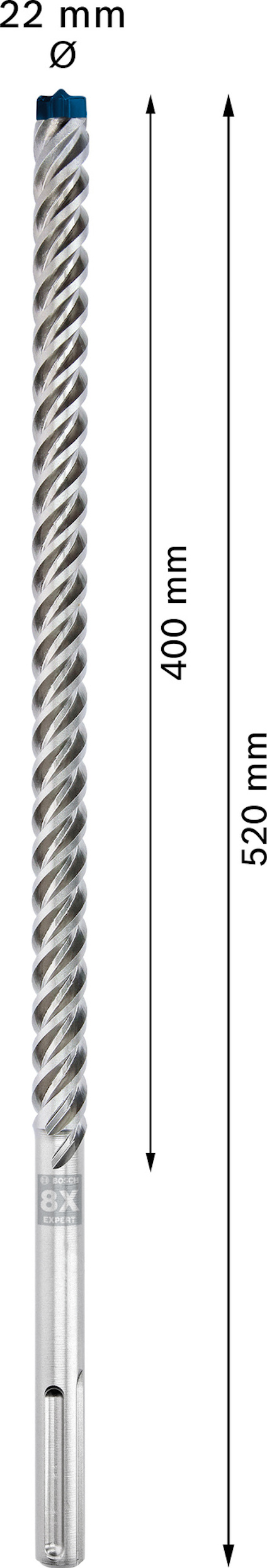 Borr med spiraldesign, 520 mm lång och 22 mm diameter, märkt med måttangivelser.