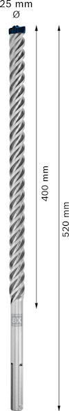 Borr med spiralspår, 25 mm diameter, längdmarkerad som 520 mm med 400 mm borrdjup.
