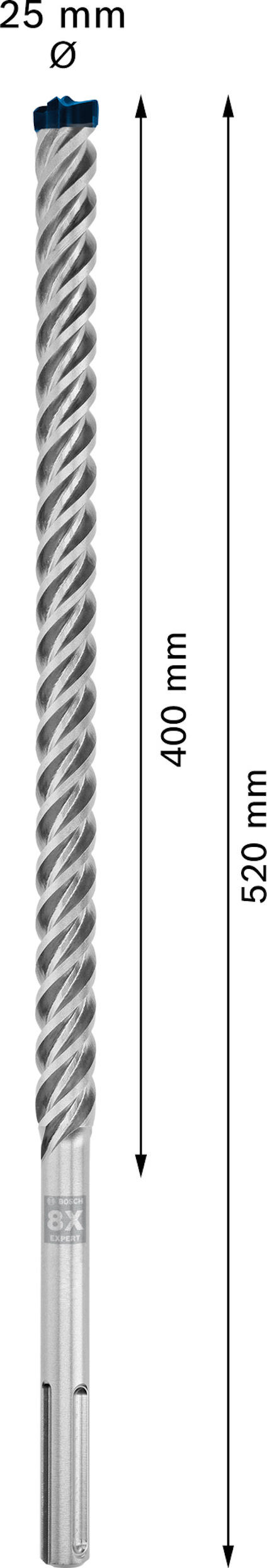 Borr med spiralspår, 25 mm diameter, längdmarkerad som 520 mm med 400 mm borrdjup.