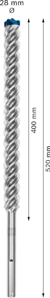 Borrbit med spiraldesign, 520 mm lång, 28 mm diameter.