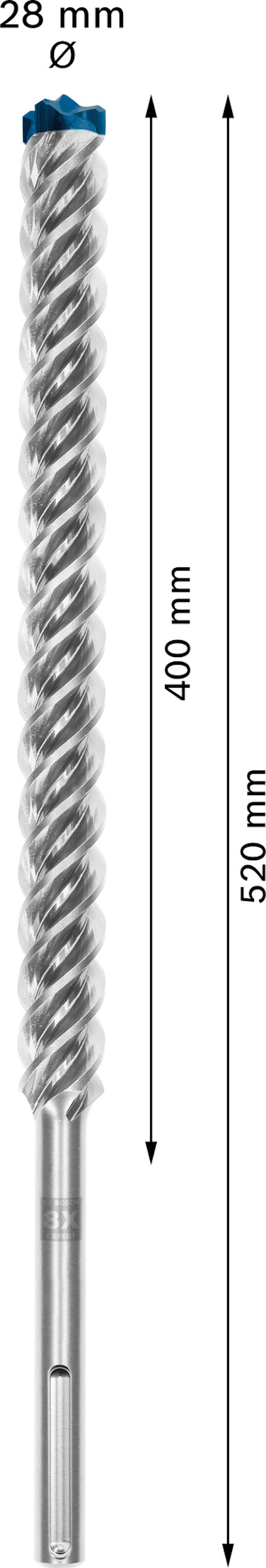 Borrbit med spiraldesign, 520 mm lång, 28 mm diameter.