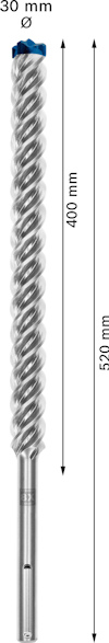 Borrspets med spiraldesign, längd 520 mm, diameter 30 mm, markerad med pilar.