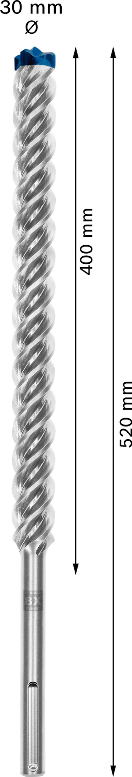 Borrspets med spiraldesign, längd 520 mm, diameter 30 mm, markerad med pilar.