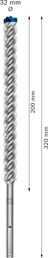 Borr med spiralformad design, längdmarkeringar 320 mm total, 200 mm arbetslängd, diameter 32 mm, blå spets.