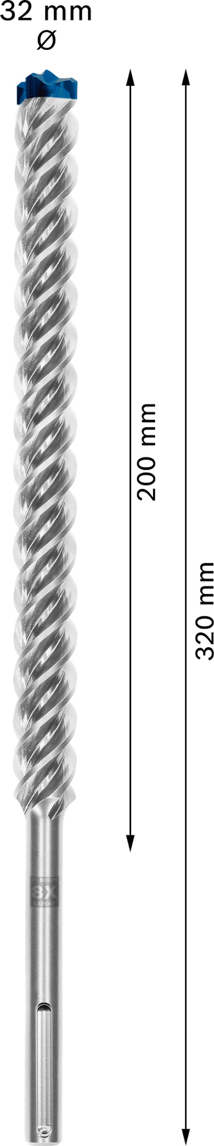 Borr med spiralformad design, längdmarkeringar 320 mm total, 200 mm arbetslängd, diameter 32 mm, blå spets.