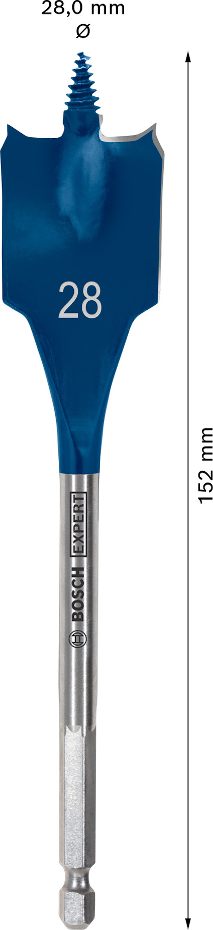 Blått borr med spetsig design, text "28" i mitten och "28,0 mm" överst. Text på skaftet: "BOSCH EXPERT". Längd: 152 mm.