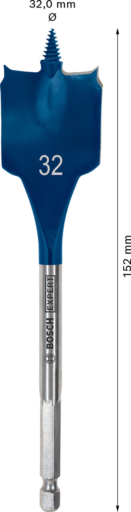 Blå borrspets med brett blad, märkning 32 mm och 152 mm, Bosch varumärke.