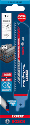 Blå sågblad från Bosch för tjock metall, med text "Expert" och "Extra Coating", samt produktnummer 5956 CWC.