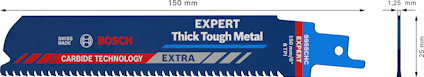 Sågblad för metall, Bosch Expert, 150 mm längd, 1,25 mm tjocklek. Märkt med "Carbide Technology" och "Thick Tough Metal".