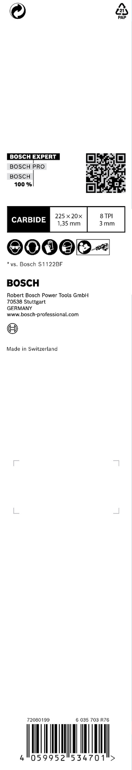 Vit förpackning med etikett som har Bosch-logotyp, QR-kod och texten "Carbide 23-105 mm, Made in Germany".