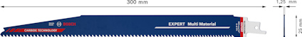 Blå sågklinga med text "EXPERT Multi Material", 300 mm längd, 1,25 mm bredd, Bosch märke.