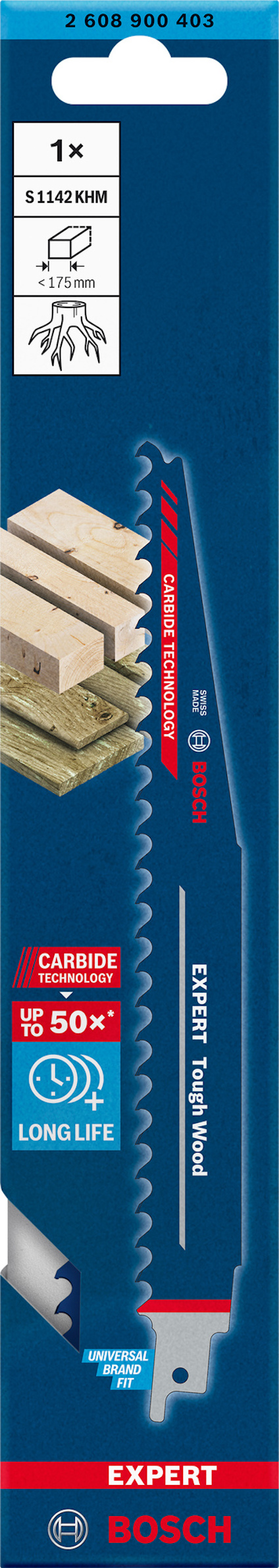 Förpackning med en Bosch sticksågklinga, Expert för trähardwood, med lång livslängd och karbidtänder.