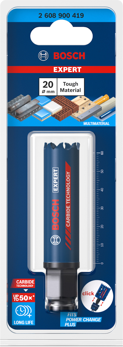 Förpackning med Bosch Expert sågblad för metall och andra material, 20 mm tjocklek, med klicksystem.