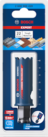 Förpackning av Bosch hålsåg, 22 mm, för metallmaterial. Visar text: "Carbide Technology" och "Long Life".
