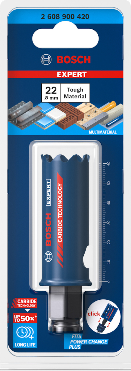 Förpackning av Bosch hålsåg, 22 mm, för metallmaterial. Visar text: "Carbide Technology" och "Long Life".