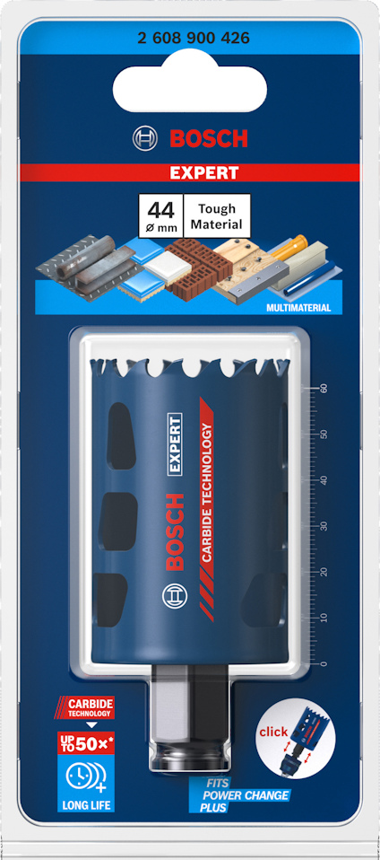 Förpackning med Bosch Expert hålsåg, 44 mm, för tuffa material, inkluderar bilder på användningsområden.