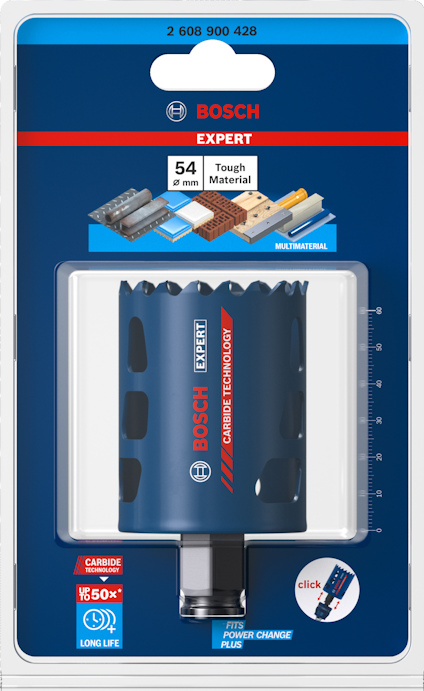 Förpackning med Bosch Expert hålsåg, 54 mm, för tuffa material, med Carbide Technology.