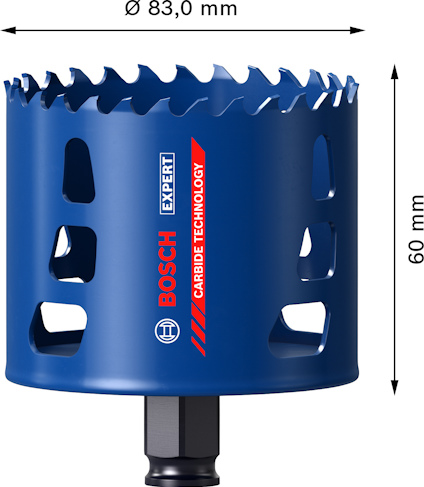 Blå hålsåg från Bosch med en diameter på 83 mm och höjd på 60 mm. Text: "CARBIDE TECHNOLOGY".