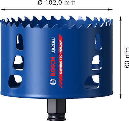 Hålsåg i blått med texten "Bosch Expert Carbide Technology", diameter 102 mm, höjd 60 mm.