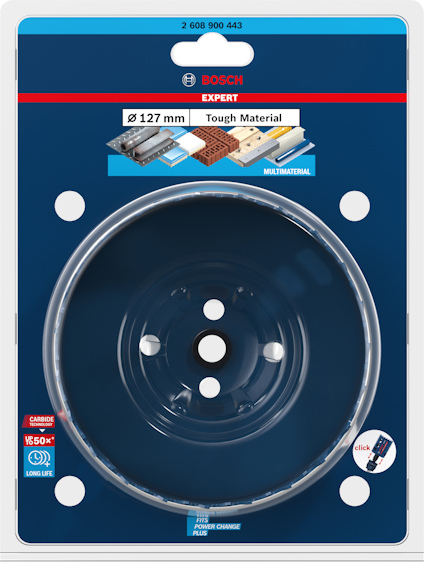 Förpackning med en Bosch Expert hålsåg, 127 mm, för tuffa material. Visar produktbilder och logotyper.