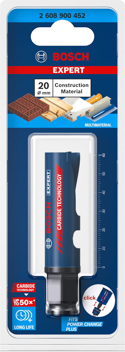 Förpackning med Bosch Expert hålsågadapter, designad för 20 mm byggmaterial, med text och varumärke.