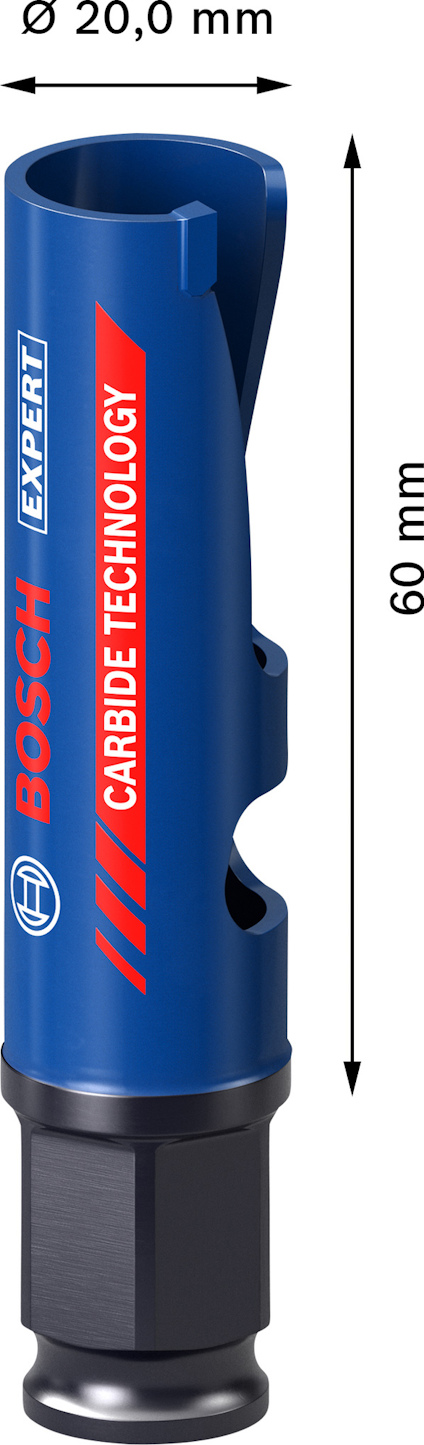 Blå Bosch Expert hålsåg, 20 mm diameter, 60 mm längd, med karbidteknik.