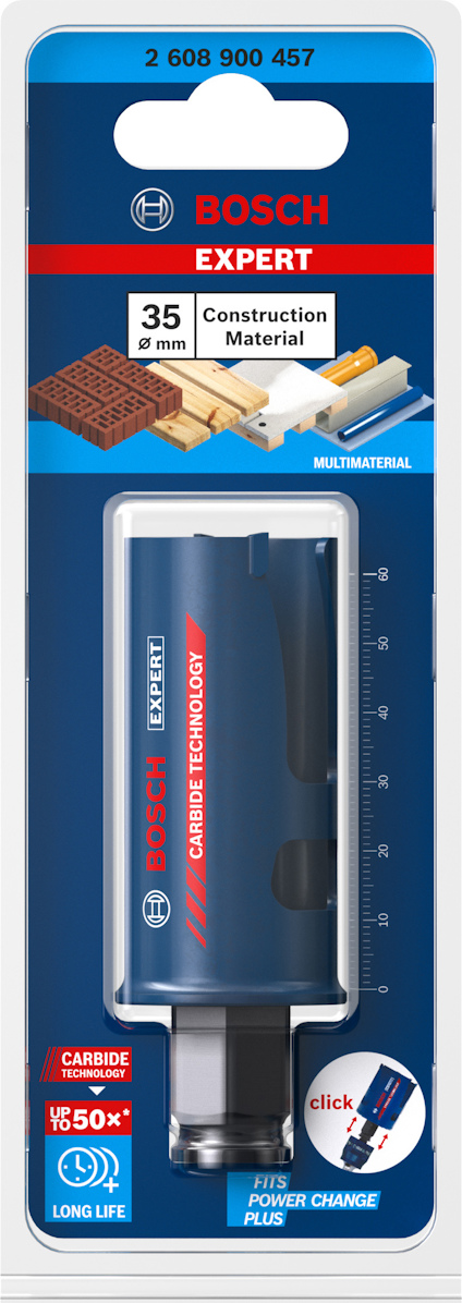 Förpackning med Bosch Expert hålsåg för byggmaterial, diameter 35 mm, med text om lång livslängd och snabb bytefunktion.