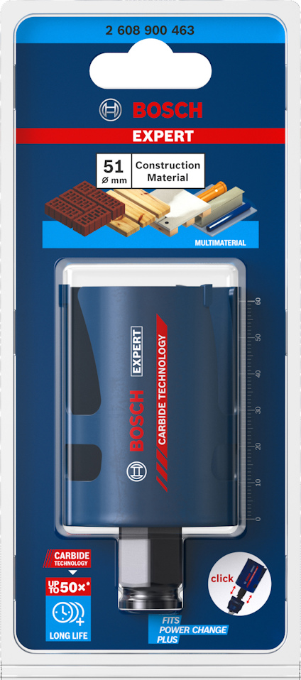 Förpackning med Bosch Expert karbidteknologi. Konstruktion, 51 mm, 2 608 900 463. Passar Power Change Plus.