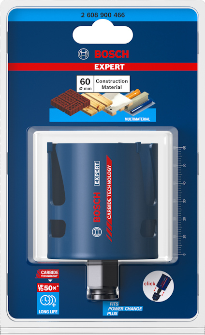 Förpackning med Bosch Expert hålsåg, 60 mm, för byggmaterial, blå färg, med bilder av materialprover och verktyg.