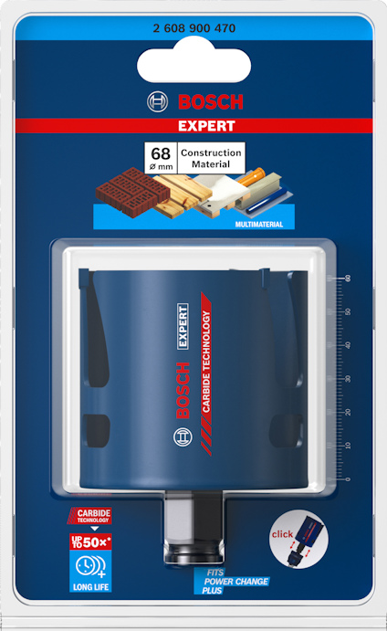 Förpackning av Bosch Expert hålsåg för byggmaterial, diameter 68 mm, med klickfäste och lång livslängd.
