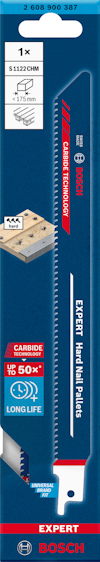Förpackning med Bosch sticksågblad 1120CM, Expert Hard Nail Pallets, lång livslängd, karbidteknologi.