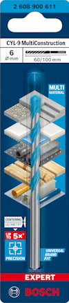Förpackning för Bosch CYL-9 MultiConstruction borr, 6 mm x 60/100 mm, visar användningsmaterial och precisionsegenskaper.