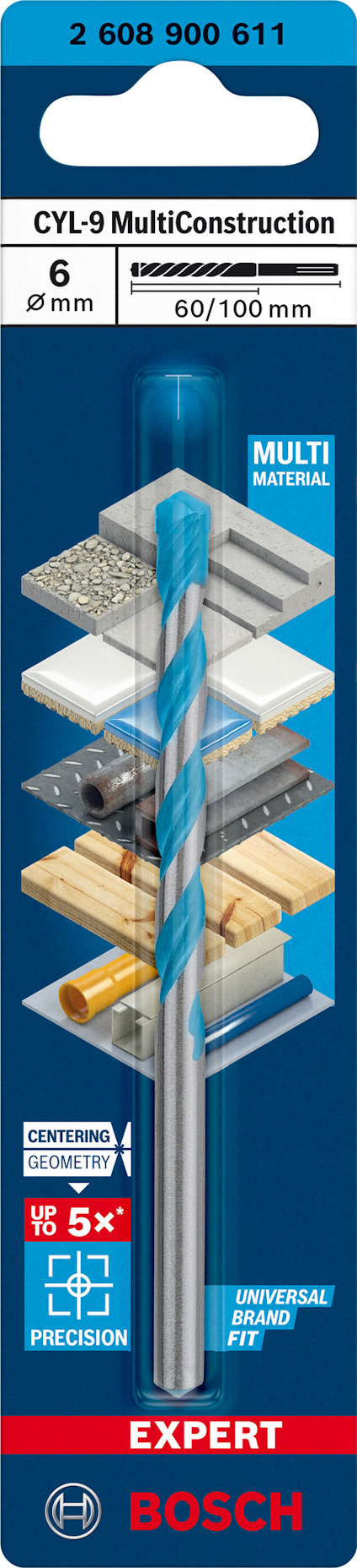 Förpackning för Bosch CYL-9 MultiConstruction borr, 6 mm x 60/100 mm, visar användningsmaterial och precisionsegenskaper.