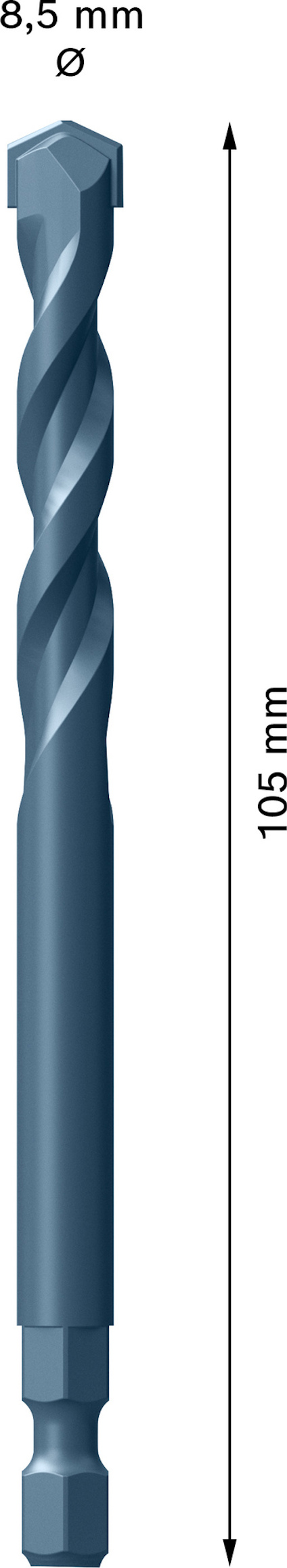 Borrbit för metall, 8,5 mm diameter, 105 mm längd med pil som markerar längden.