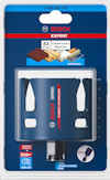 Förpackning med Bosch hålsåg, 83 mm, för byggmaterial. Innehåller text: "Carbide Technology", "Long Life", "Fits Power Change Plus".