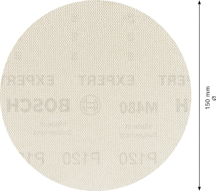 Rundt sandpapper med text och siffror, diameter 150 mm.