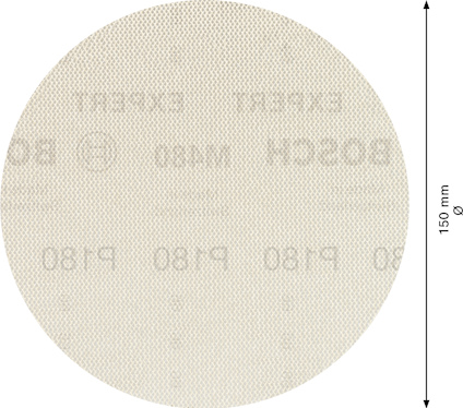 Rund sliprondell med text: "BOSCH", "150 mm", "P180". Streckad pil markerar 150 mm diameter.