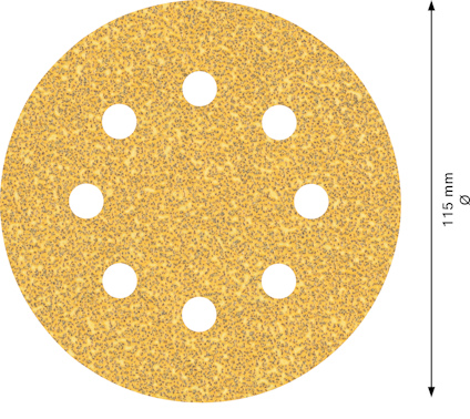 Rundt sandpapper med åtta hål, 115 mm i diameter, gyllengul yta.
