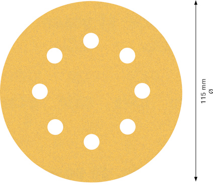 Rundt sandpapper med åtta hål, 115 mm i diameter.