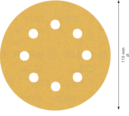Rund, gul sandpapper med nio jämt fördelade hål. Diameter 115 mm.