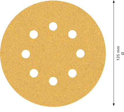 Rundt sandpapper med nio jämnt fördelade hål, diameter på 125 mm.