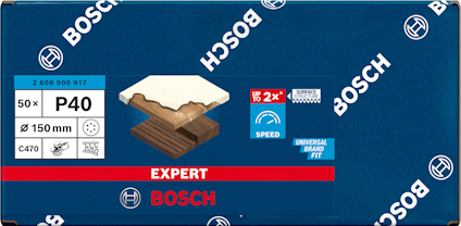 Förpackning med Bosch P40 slippapper för trä, träpanel illustrerad, 50 st, 150 mm, två gånger längre livslängd.