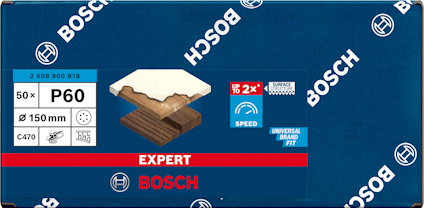 Bosch pappersförpackning för sandpapper, P60, 50 stycken, 150 mm, blå design med logotyp och illustrationsbild.