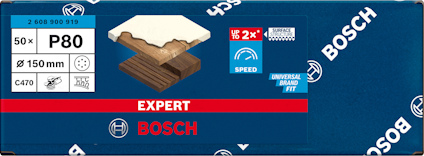 Förpackning med Bosch Expert slippapper, 150 mm, grovhet P80. 50 ark, blå bakgrund med logotyp och varumärke.