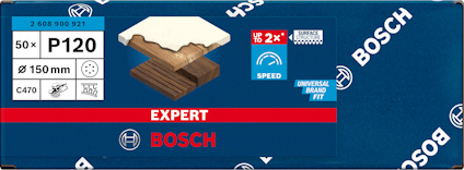 Förpackning med Bosch slippapper P120, 50 stycken, mått 150 mm, C470-serien.