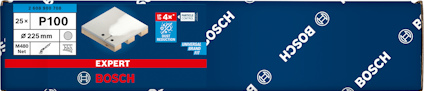 Förpackning med Bosch slippapper P100, 225 mm diameter, 25 stycken.