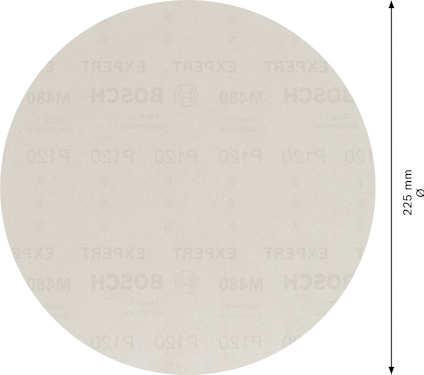 Rund, beige sliprondell med text: "BOSCH EXPERT M480 P150". Diameter: 225 mm.