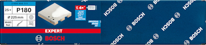 Förpackning av Bosch Expert slip papper P180, 225 mm, 25 st, i blå kartong med logotyp och produktinformation.